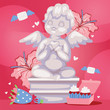 Angelic cupid sculpture background vector illustration. Romantic angel statue with flowers. Valentines or wedding day background banner, poster.