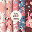 Cute animals seamless pattern with kissing characters fox, rabbit, giraffe and birds vector illustration.