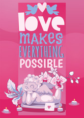 Wall Mural - Valentine day poster angel statue vector illustration. Angelic cupid amour romance sculpture.