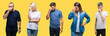 © Krakenimages.com - Collage of group people, women and men over colorful yellow isolated background tired rubbing nose and eyes feeling fatigue and headache. Stress and frustration concept.