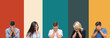 Collage of different ethnics young people over colorful stripes isolated background with sad expression covering face with hands while crying. Depression concept.