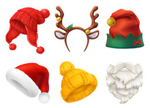 Christmas Mask, Santa Claus Hat, Knitted Hat. 3d Realistic Vector Icon Set