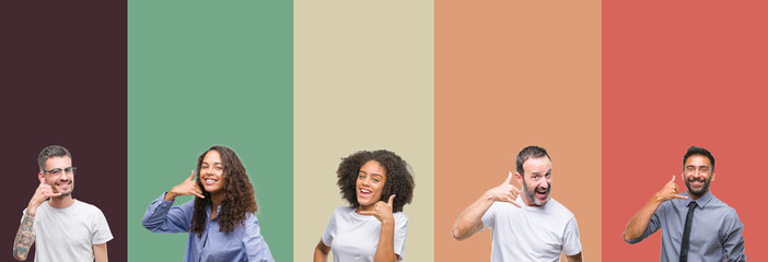 Poster - Collage of group of young and senior people over colorful isolated background smiling doing phone gesture with hand and fingers like talking on the telephone. Communicating concepts.