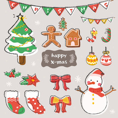 Sticker - Merry Christmas icons set. Vector layers with Snowman, tree, cookies, socks