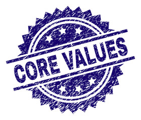 Wall Mural - CORE VALUES stamp seal watermark with distress style. Blue vector rubber print of CORE VALUES title with retro texture.