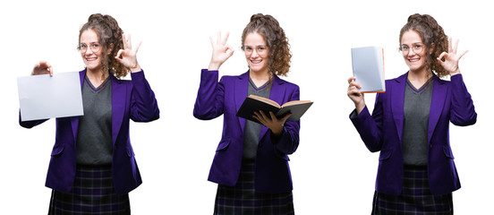 Sticker - Collage of young student girl wearing school uniform holding degree over isolated background doing ok sign with fingers, excellent symbol