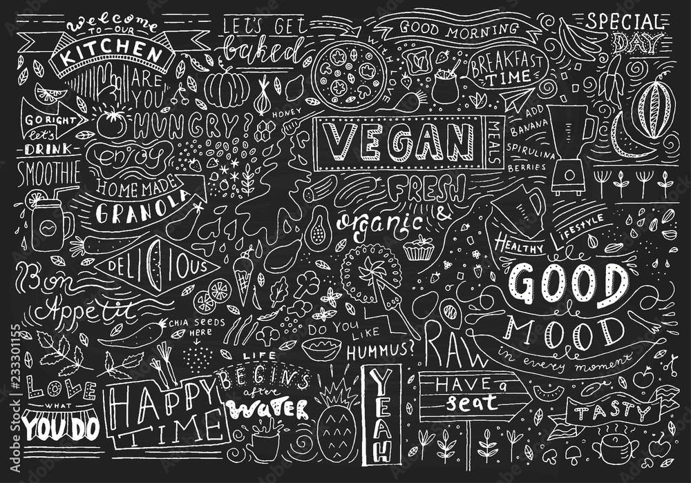 Chalkboard Kitchen Art, Blackboard Lettering Wall Art, Kitchen Chalkboard Sign. Cafe template design. Restaurant wall typography. - obrazy, fototapety, plakaty 