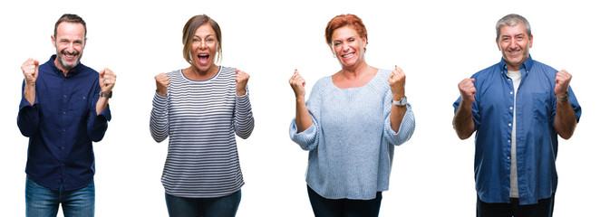 Canvas Print - Collage of group of elegant middle age and senior people over isolated background celebrating surprised and amazed for success with arms raised and open eyes. Winner concept.