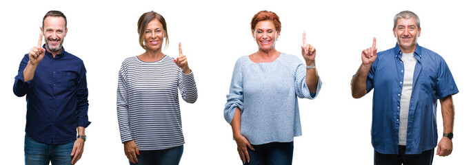 Collage of group of elegant middle age and senior people over isolated background showing and pointing up with finger number one while smiling confident and happy.