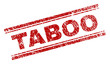 TABOO seal print with distress texture. Red vector rubber print of TABOO caption with unclean texture. Text tag is placed between double parallel lines.