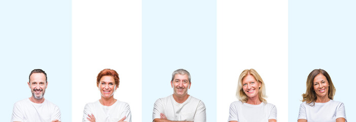 Collage of group middle age and senior people wearing white t-shirt over isolated background happy face smiling with crossed arms looking at the camera. Positive person.