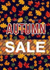 Wall Mural - Bright poster with autumnal leaves repeating and promotion of seasonal sale