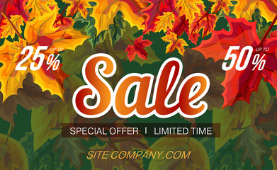 Wall Mural - Trendy bright banner template with website and colorful foliage in design 