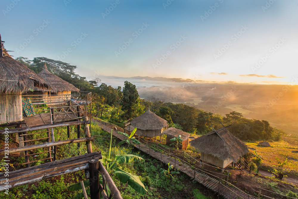 view point at Ban Doi Sa-ngo Chiangsaen Chiangrai Thailand. which includes a view of the Golden Triangle covering Thailand, Laos and Myanmar. - obrazy, fototapety, plakaty 