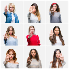 Canvas Print - Collage of young beautiful women over isolated background doing stop sing with palm of the hand. Warning expression with negative and serious gesture on the face.