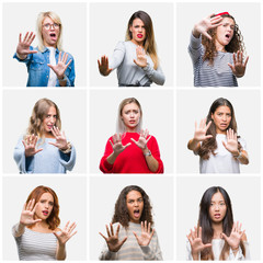 Canvas Print - Collage of young beautiful women over isolated background afraid and terrified with fear expression stop gesture with hands, shouting in shock. Panic concept.