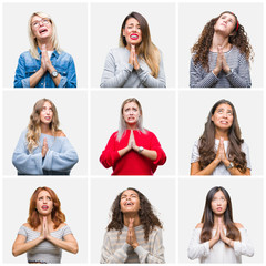 Sticker - Collage of young beautiful women over isolated background begging and praying with hands together with hope expression on face very emotional and worried. Asking for forgiveness. Religion concept.