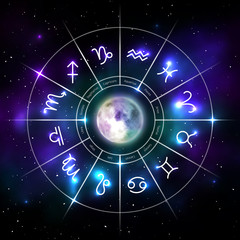 Wall Mural - Mystic zodiac wheel with star signs in neon. Astrology circle on cosmic background and moon in middle. Mystic astronomy and fortune telling. Zodiac calendar astrology constellation vector illustration