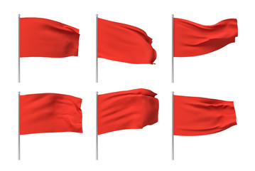 Fototapete - 3d rendering of six red flags hanging on posts and wavering on a white background.