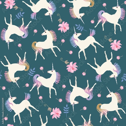 sweet-seamless-pattern-with-cute-unicorns-and-gentle-pink-flowers-on-emerald-green-color-background-in-vector