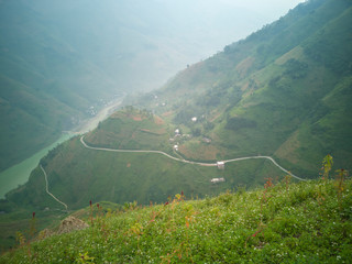 Beautiful view of mountain landscape and valley along the Ma Pi Leng pass at Meo Vac district in Ha Giang, Vietnam.