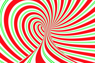 Canvas Print - Christmas festive red and green spiral tunnel. Striped twisted xmas optical illusion. Hypnotic background. 3D render illustration.