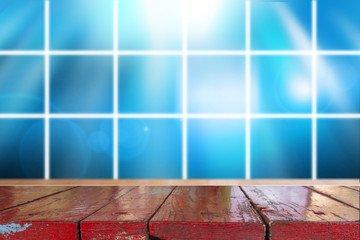 Canvas Print - wooden desk with blue gradient tone abstract background bokeh circles for christmas background