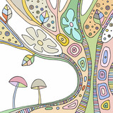 Fototapeta Psy - Vector colorful hand drawn illustration of psychedelic abstract tree, flowers, leaves, dots, mushrooms, background Decorative artistic creative picture, line drawing. Picture for coloring