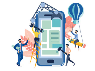 User interface of mobile application createion metaphor. Business work situation in flat style. Cartoon vector illustration