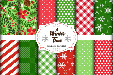 Cute set of winter holidays seamless patterns