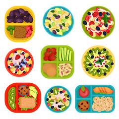 Canvas Print - Flat vector set of bowls with fruit salads and lunch boxes with food. Healthy eating. Tasty dishes for breakfast