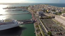 Aerial Shot Moving Through The Port And Cruise Ship In Old San Juan, Puerto Rico