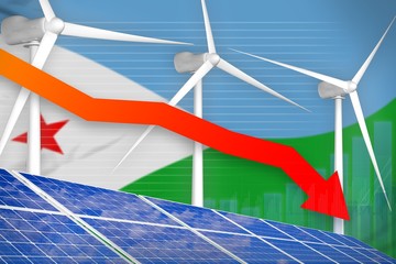 Djibouti solar and wind energy lowering chart, arrow down - green natural energy industrial illustration. 3D Illustration