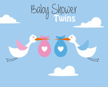 Twin Baby Shower Card. Storks With Baby Girl And Boy