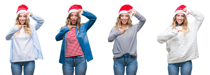 Poster - Young beautiful young woman wearing christmas hat over white isolated background smiling making frame with hands and fingers with happy face. Creativity and photography concept.