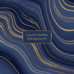 Liquid marble texture. Blue and golden glitter ink painting abstract pattern. Trendy background for wallpaper, flyer, poster, card, invitations. Modern art.