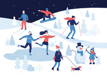 People Having Winter Activities In Park, Skiing, Skating, Snowboarding, Girl Walking The Dog, Girl Making A Cute Snowman, Cartoon Characters In Flat Design Isolated On White. Vector Illustration.