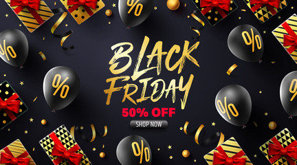 Wall Mural - Black Friday Sale Poster with gift box and black balloon for Retail, Shopping or Black Friday Promotion in red and black style.Vector illustration EPS10