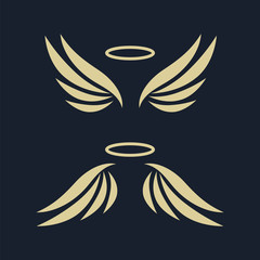 Wall Mural - elegant angel golden flying wings on black background. flying angel with wing feather, golden linear