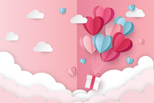 Illustration Of Love And Valentine Day With Balloon Heart, And Clouds. Paper Cut Style. Vector Illustration