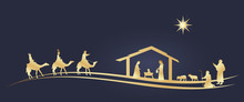 Christmas Time. Nativity Scene With Mary, Joseph, Baby Jesus, Shepherds And Three Kings.