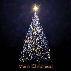 Merry Christmas greeting card with abstract shiny Christmas tree.