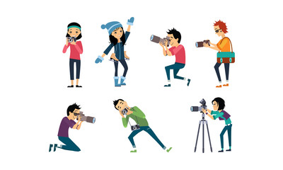 Sticker - Professional photographer taking photos with camera set vector Illustration on a white background