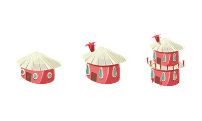 Sticker - Cute little pink houses set, city or town design elements for computer game Interface vector Illustration on a white background