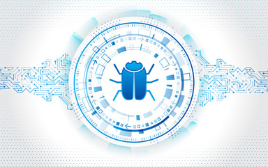 Poster - Abstract high tech circuit board with hacker bug. Hacking and cyber crime. Personal data security concept. Network security technology. Computer virus attack