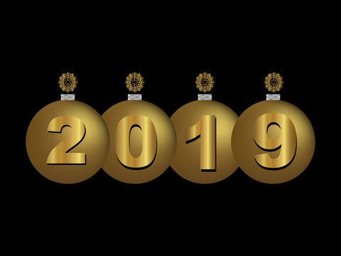 2019 golden text isolated on black background. Happy new year design. Christmas trees toys.