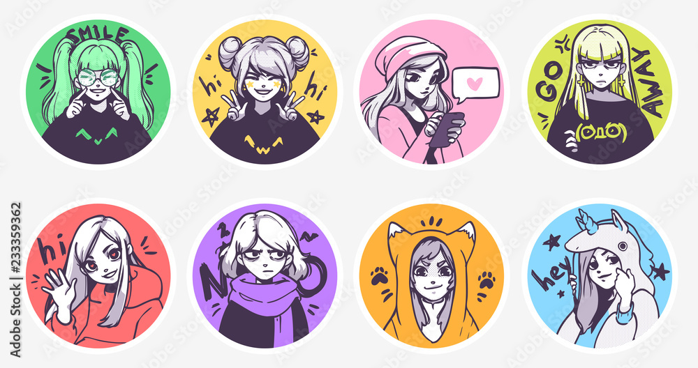 A set of cute anime girls illustrations in various clothes doing different activities with different expressions. Stickers or badges - obrazy, fototapety, plakaty 