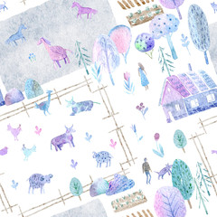 Seamless pattern of a village, pasture, forest,cow, sheep, chicken, horse,farm and floral.Landscape.Watercolor hand drawn illustration.White background.