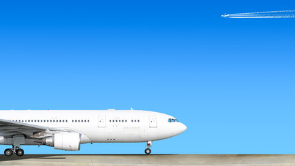 Wall Mural - heavy passenger jet engine airplane on runway at airport against blue sky with modern aircraft flying air travel aviation transportation background forward nose part silhouette isolated white theme