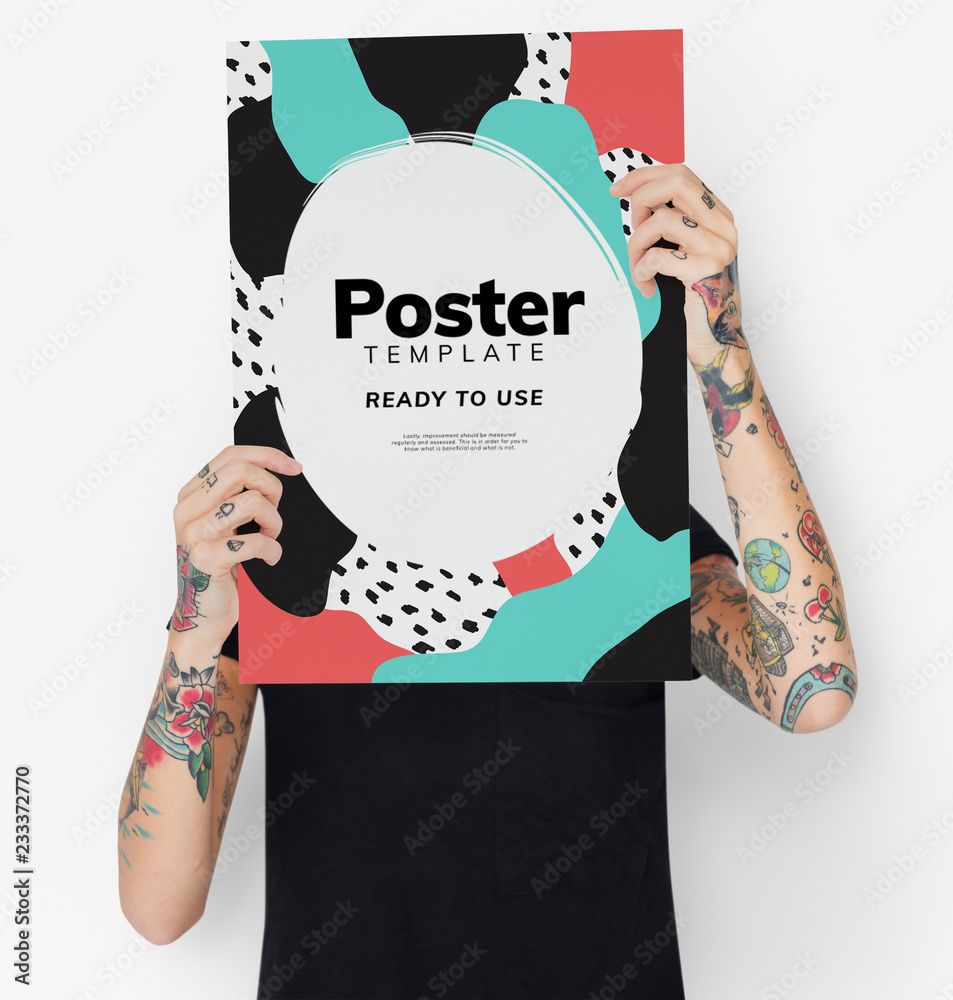 Hiding behind a colorful poster mockup - obrazy, fototapety, plakaty 